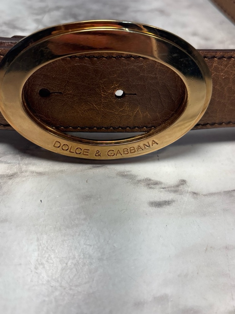 Dolce & Gabbana Brown Leather Belt with Gold Oval Logo Buckle